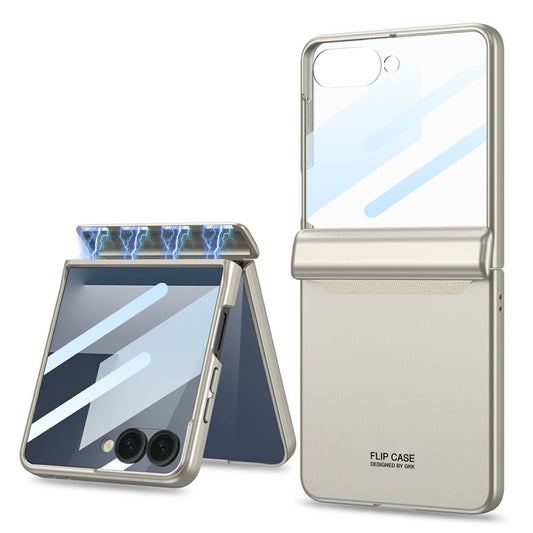 Galaxy Z Flip7 5G – Magnetische transparente Handyhülle aus Kunststoff und gehärtetem Glas, mit Scharnierschutz, mit Displayschutz