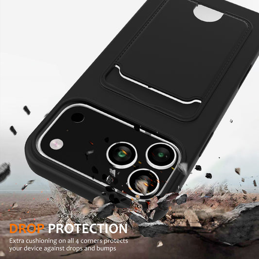 For iPhone 18 Pro / 17 Pro Case Liquid Silicone Card Holder Back Phone Cover with Lanyard