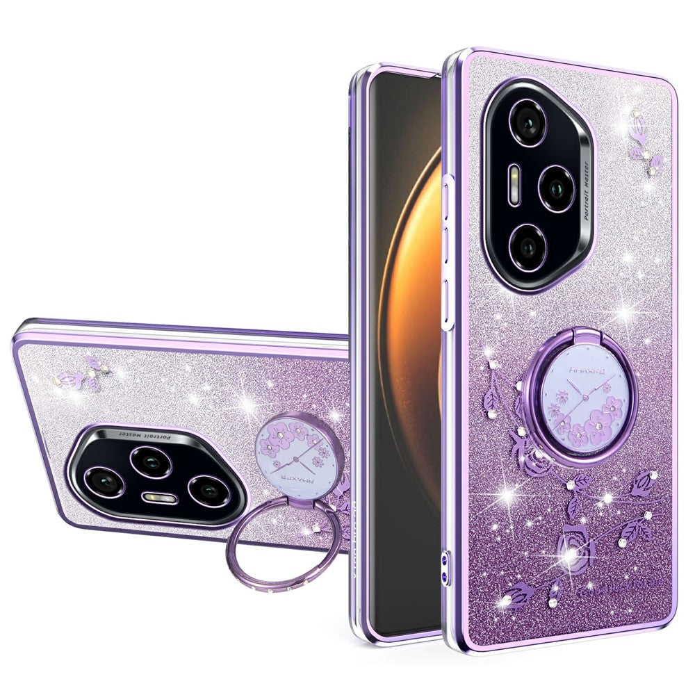 KADEM For Honor 400 Pro 5G (Global) Case Ring Kickstand TPU Flowers Phone Cover Gradient Glitter