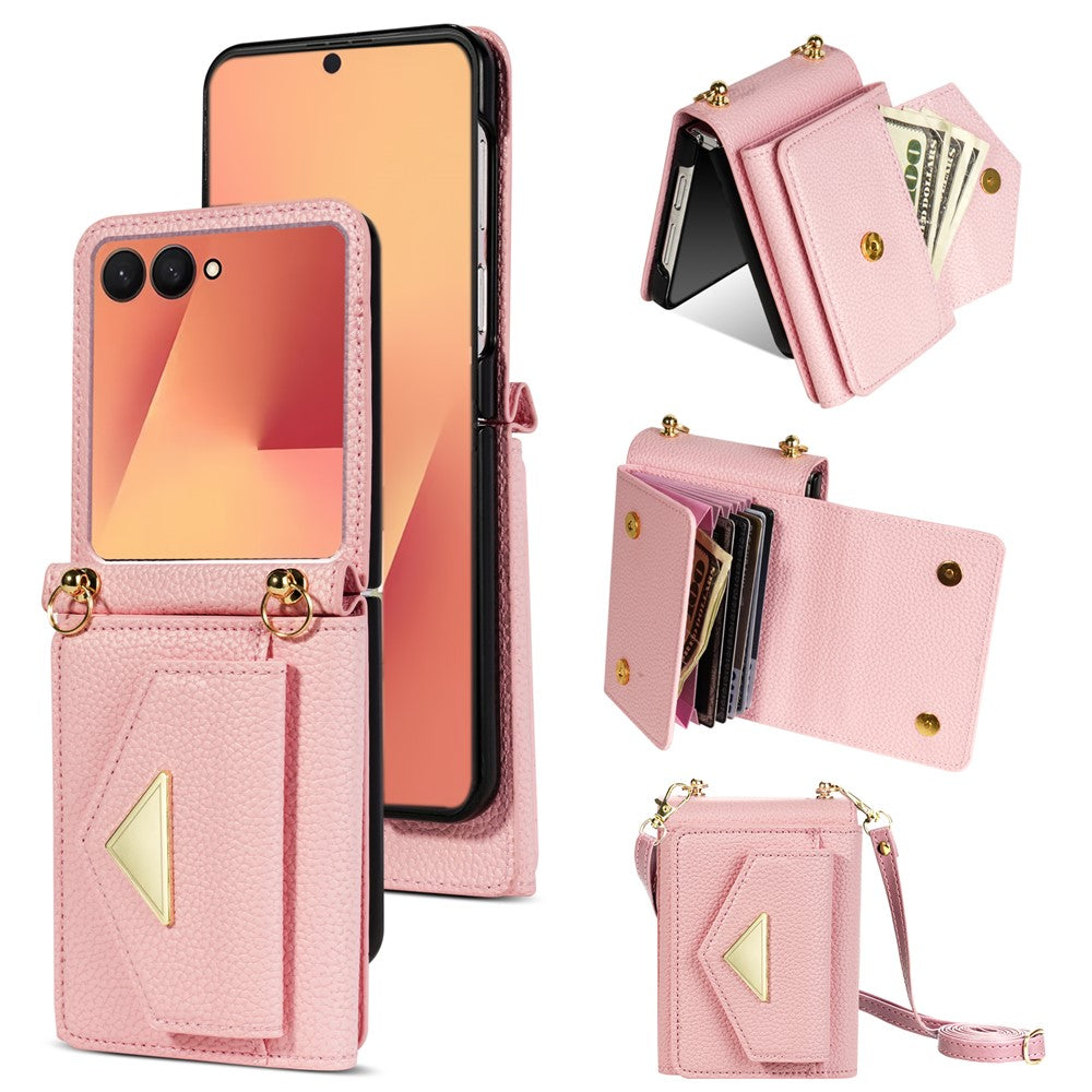 For Samsung Galaxy Z Flip7 5G Case Card Slots PU + PC Phone Cover with Long Strap