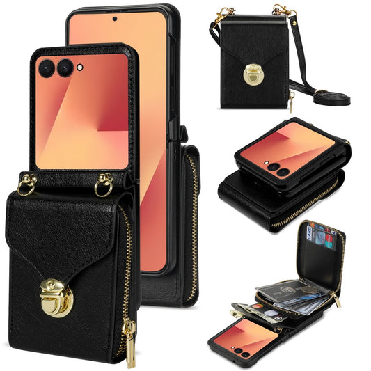 Galaxy Z Flip7 5G – Wallet-Handyhülle aus Metall, Kunststoff, PU-Leder und TPU, mit Schulterriemen