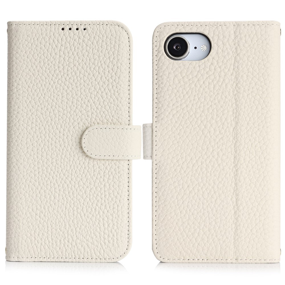 For iPhone 17e / 16e Stand Case Litchi Texture Genuine Cow Leather Wallet Phone Cover RFID Blocking