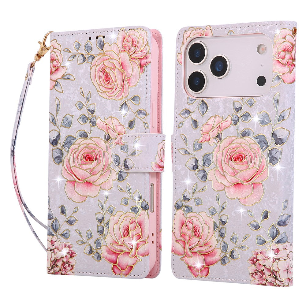 For iPhone 18 Pro / 17 Pro Case RFID Blocking Flower Leather Phone Cover with Wrist Strap