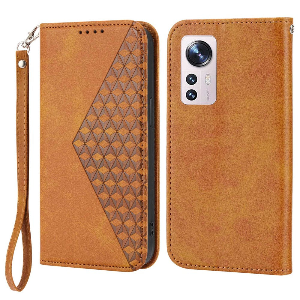 For Xiaomi 12 Pro 5G / 12 Pro (Dimensity) 5G / 12S Pro 5G Rhombus Pattern Imprinted Folio Flip PU Leather Stand Case Calf Texture Phone Wallet Cover with Strap