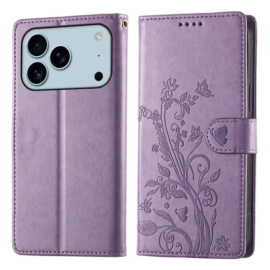 For iPhone 18 Pro / 17 Pro Wallet Case Butterfly Floral Imprint PU Leather Phone Cover with Wrist Strap