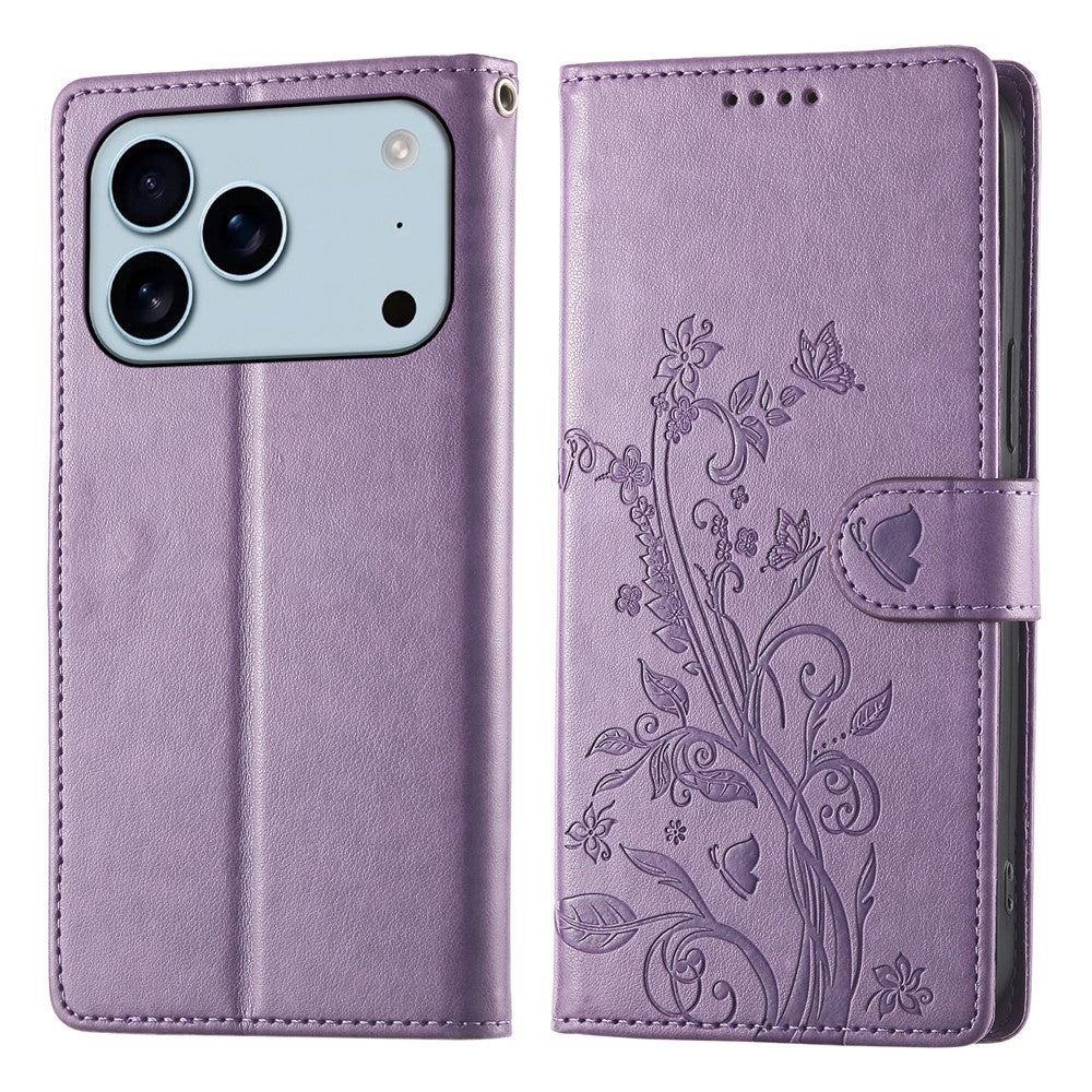For iPhone 18 Pro / 17 Pro Wallet Case Butterfly Floral Imprint PU Leather Phone Cover with Wrist Strap