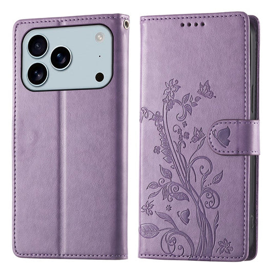 For iPhone 18 Pro Max / 17 Pro Max Wallet Case Butterfly Floral Imprint PU Leather Phone Cover with Wrist Strap