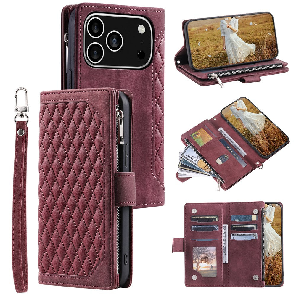 For iPhone 18 Pro / 17 Pro Wallet Case Rhombus Stitching Line PU Leather Phone Cover with Wrist Strap
