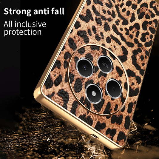 Phone Case For Xiaomi Redmi 14C 4G / 14R 5G / A4 5G / Poco C75 4G Leopard Print PU Leather Coated PC + TPU Electroplating Cover