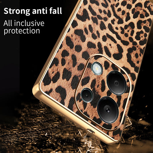 Xiaomi Redmi Note 13 Pro 4G / Xiaomi Poco M6 Pro 4G / Xiaomi Redmi Note 14S 4G Handyhülle – Phone Case Note 14S 4G / Poco M6 Pro 4G Leopardenmuster PU-Leder beschichteter PC + TPU-Galvanisierungsabdeckung
