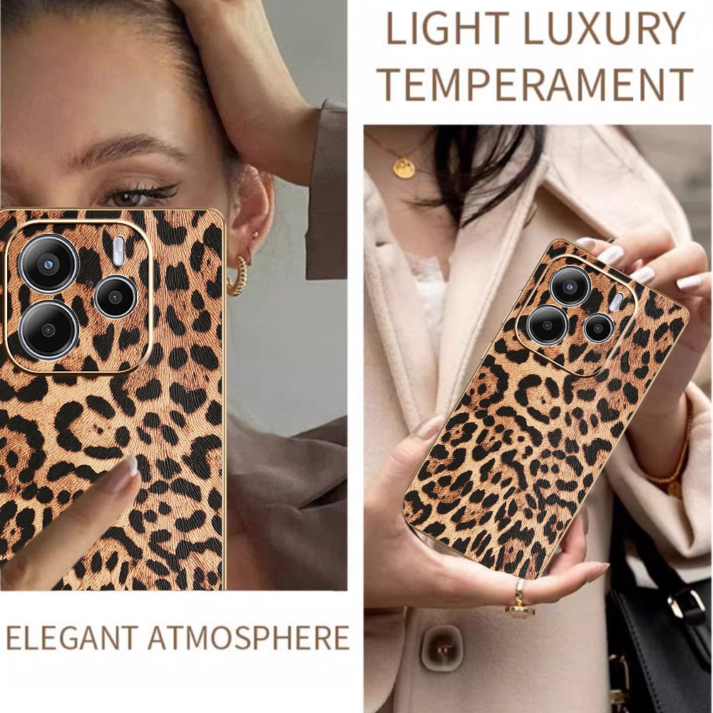 For Xiaomi Redmi Note 14 4G (164.84mm) Case Leopard Print PU Leather Coated PC + TPU Electroplating Phone Cover