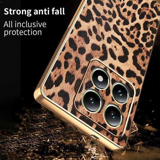 Xiaomi 14T Pro Handyhülle – Leopardenmuster PU-Leder beschichteter PC + TPU-Galvanik