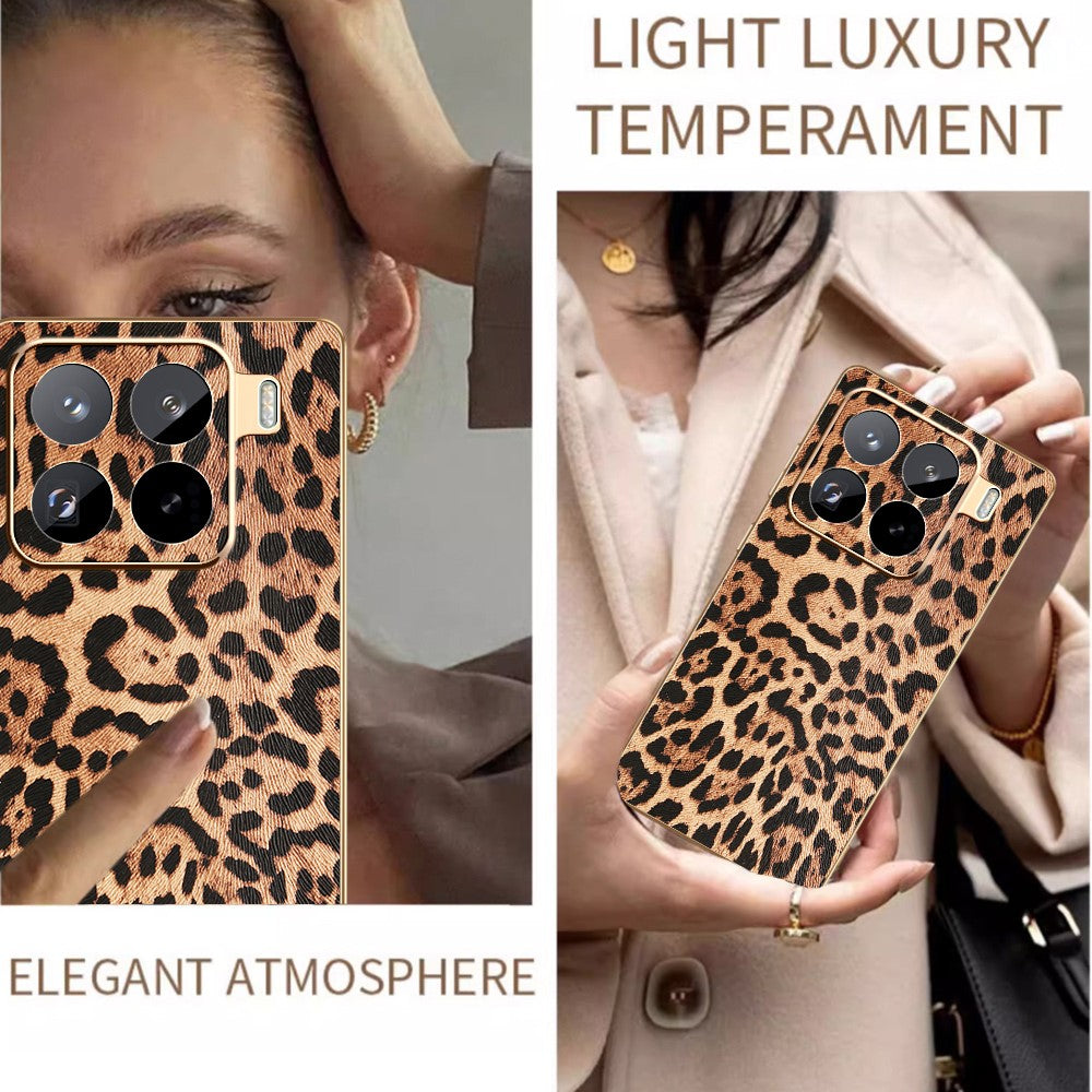 For Xiaomi 15 Pro Case Leopard Print PU Leather Coated PC + TPU Electroplating Phone Cover