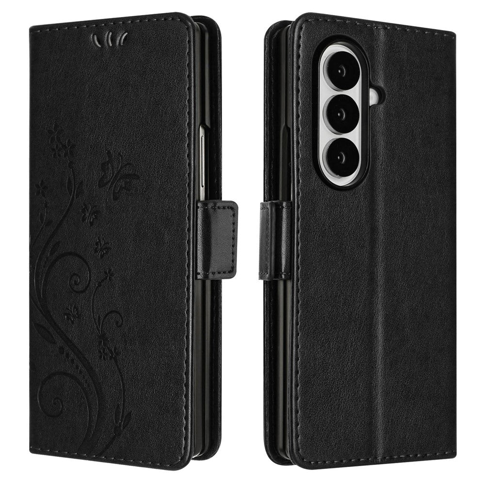 For Samsung Galaxy Z Fold7 5G Leather Wallet Case Butterfly Flower Imprint Phone Cover with Strap