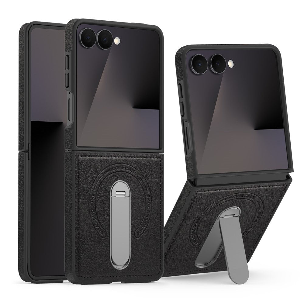 For Samsung Galaxy Z Flip7 5G Magnetic Case Rotating Kickstand Leather Coated PC Phone Cover