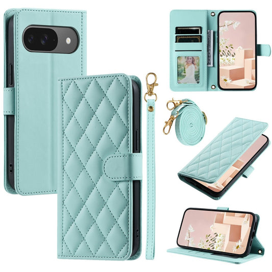 Pixel 10 / 10 Pro / 9 / 9 Pro Wallet-Hülle – Rautenmuster mit Geldbörsenfunktion & Riemen