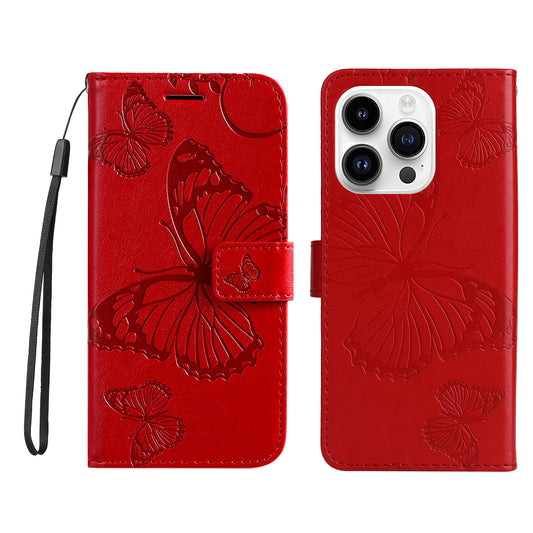 iPhone 15 Pro Wallet-Hülle – Schmetterling Aufgedruckt & Mit Ständer und Riemen