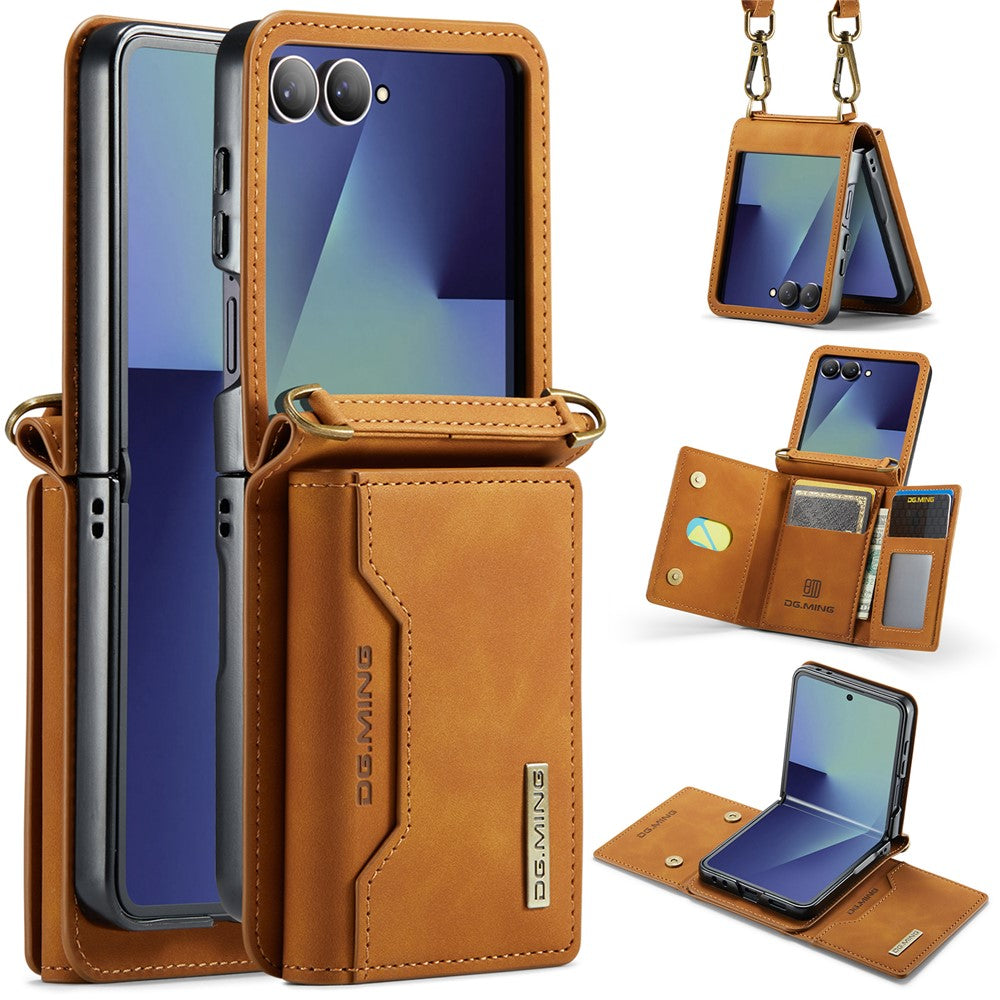 DG.MING M2 Series for Samsung Galaxy Z Flip7 5G Case PU + PC Phone Cover with Detachable Card Bag / Should Strap