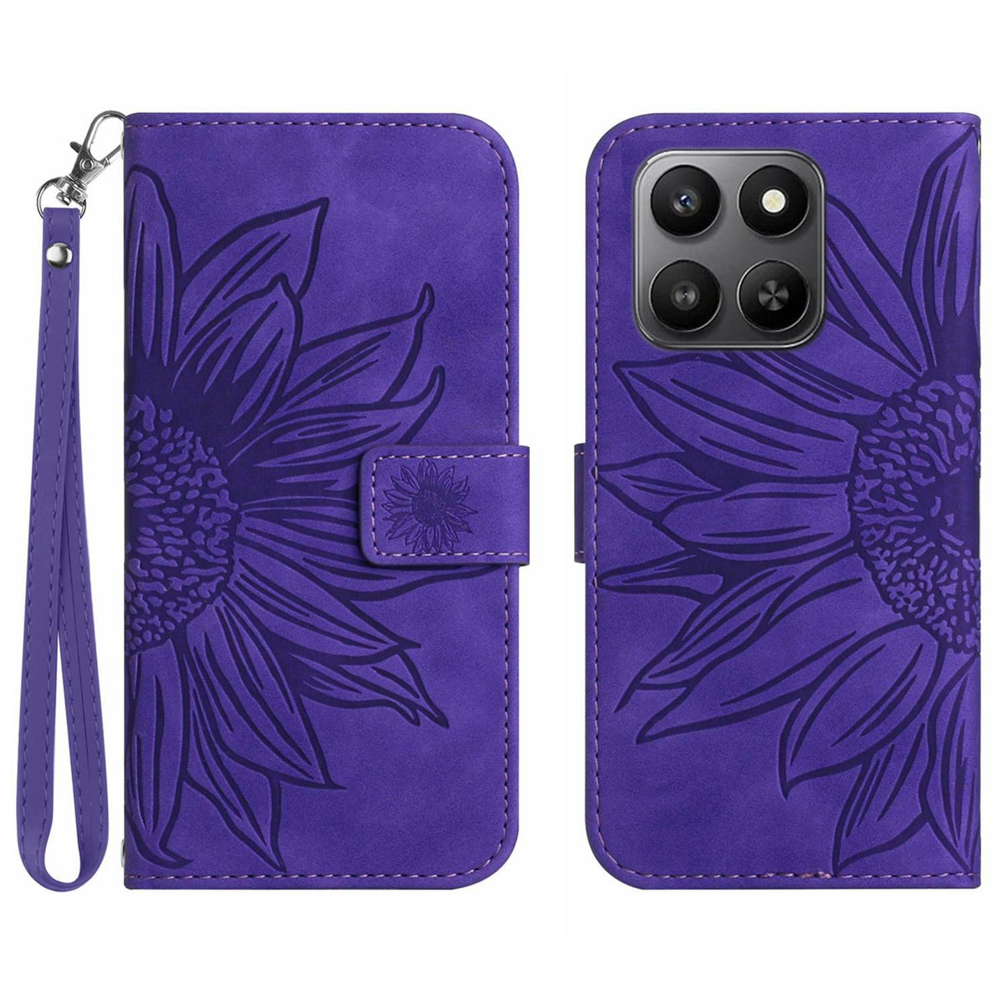 For Honor 400 Smart 5G / 4G / X7d 4G Case Sunflower Imprint Leather Wallet Phone Cover with Wrist Strap