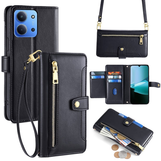 Leather Case for Xiaomi Redmi 15C 4G (EU) (173mm) / 15C 5G (EU) (173mm) / Poco C85 4G (173mm) Zipper Pocket Wallet Phone Cover with 2 Straps