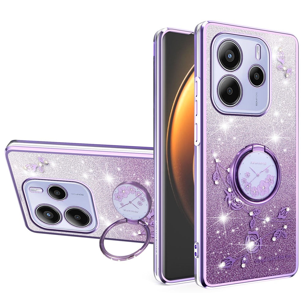 KADEM For Xiaomi Redmi Note 14 4G (164.84mm) Case Ring Kickstand TPU Flowers Phone Cover Gradient Glitter