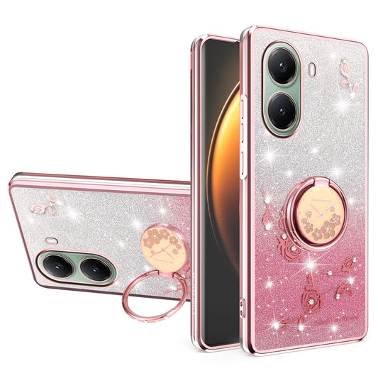 KADEM For Xiaomi Poco X7 Pro 5G / Redmi Turbo 4 5G Case Ring Kickstand TPU Flowers Phone Cover Gradient Glitter