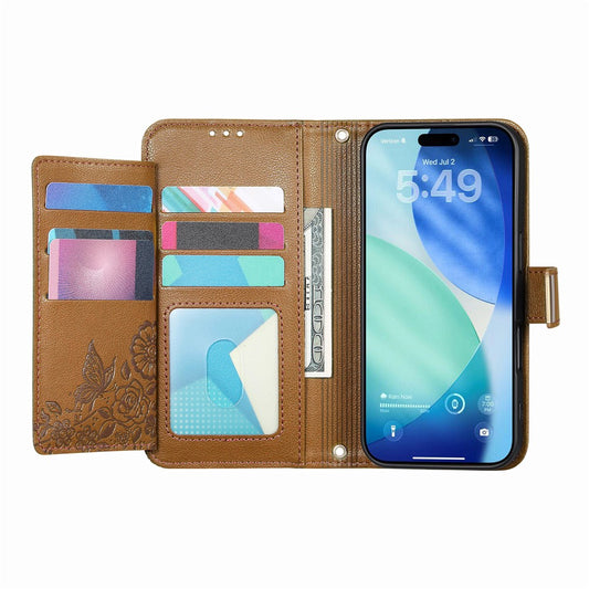 iPhone 17 Pro Wallet-Hülle – Blumenblattmuster, Reißverschluss & Handschlaufe