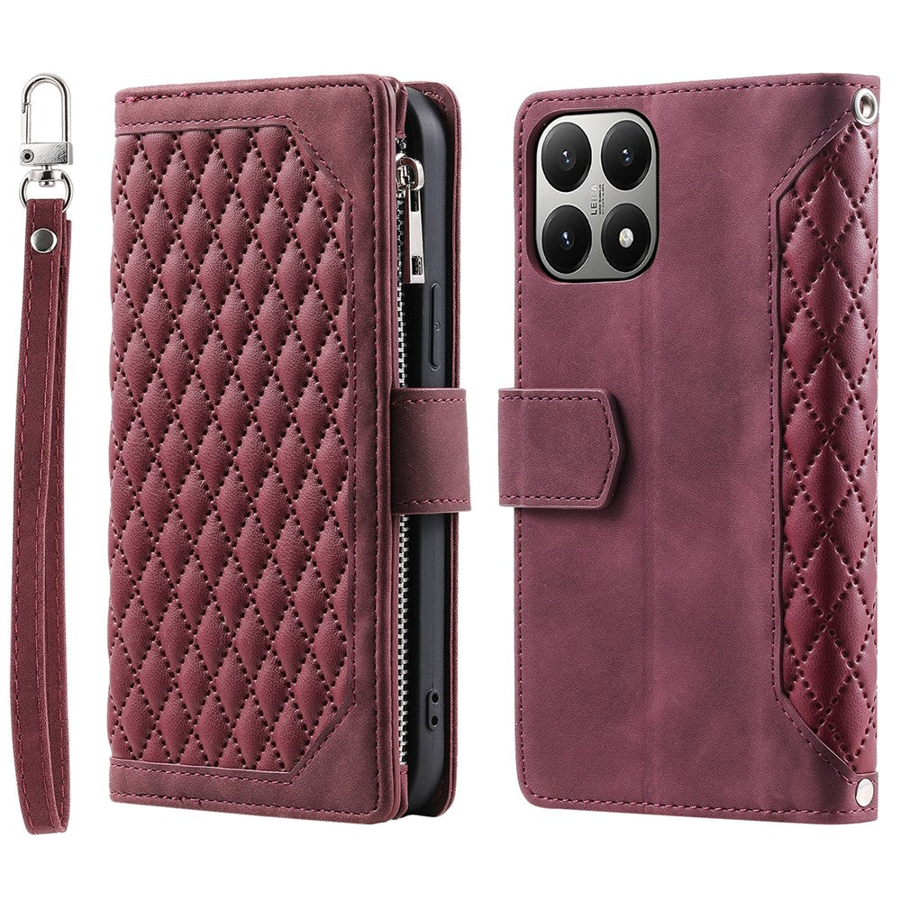 For Xiaomi 15T Wallet Case Rhombus Stitching Line PU Leather Phone Cover with Wrist Strap