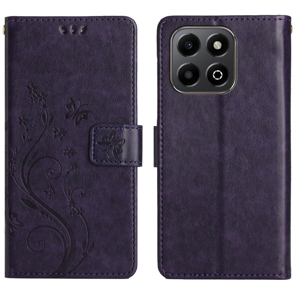 Leather Wallet Case for Honor 400 Smart 5G / 4G / X7d 4G Butterfly Flower Imprinted Phone Cover with Strap