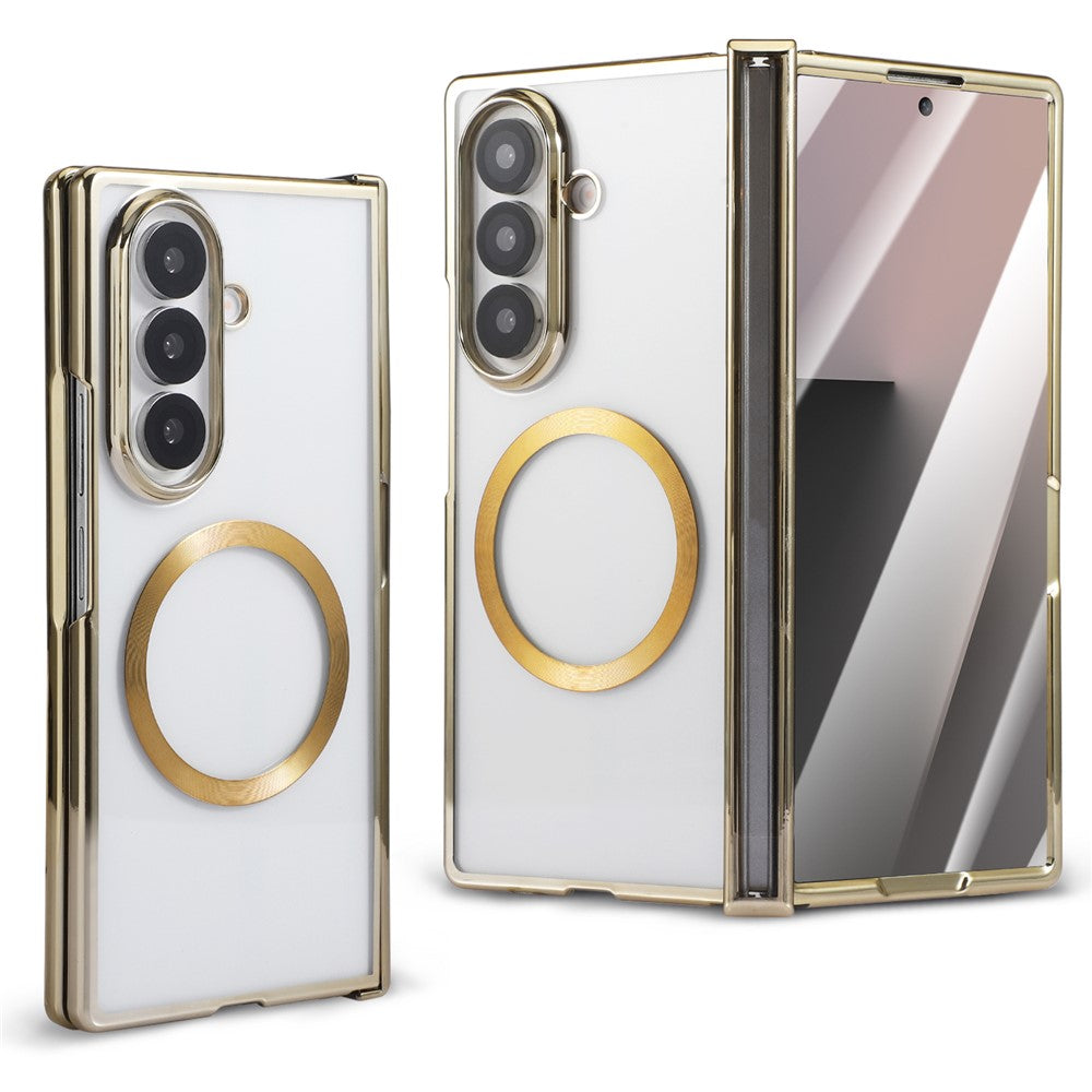 For Samsung Galaxy Z Fold7 5G Magnetic Case Electroplating CD Vein PC Phone Cover with Tempered Glass Screen Film