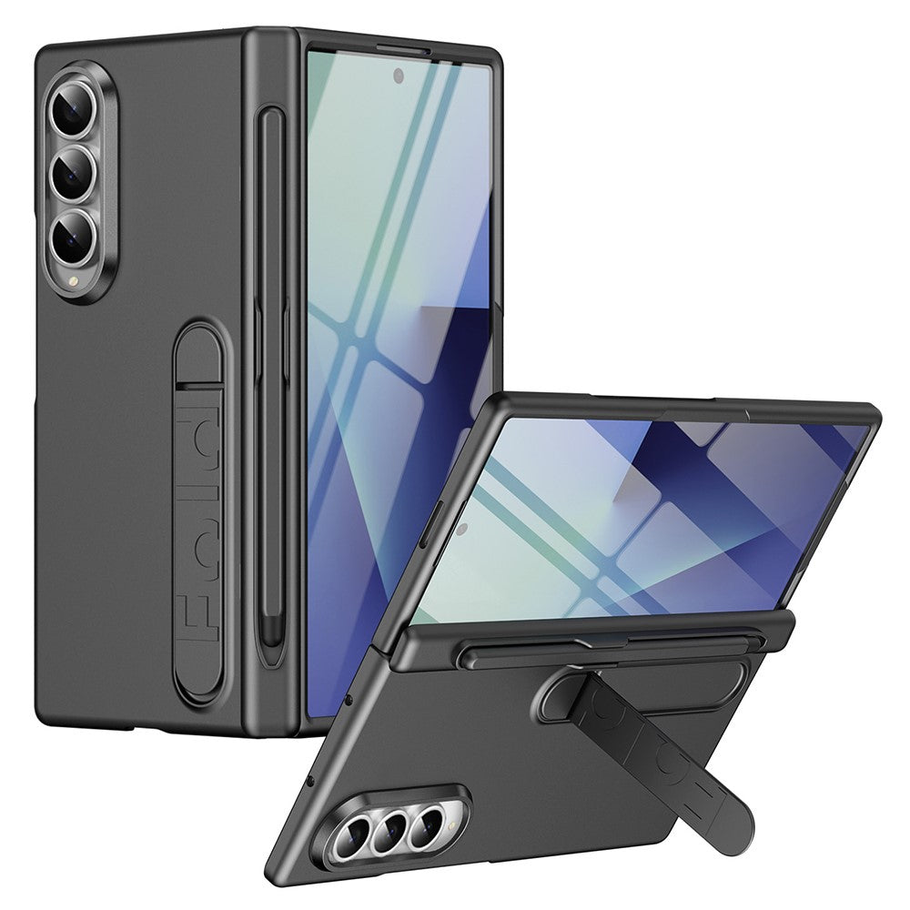 For Samsung Galaxy Z Fold4 5G Case Kickstand Hard PC Phone Cover with Tempered Glass Film / Stylus / Pen Slot