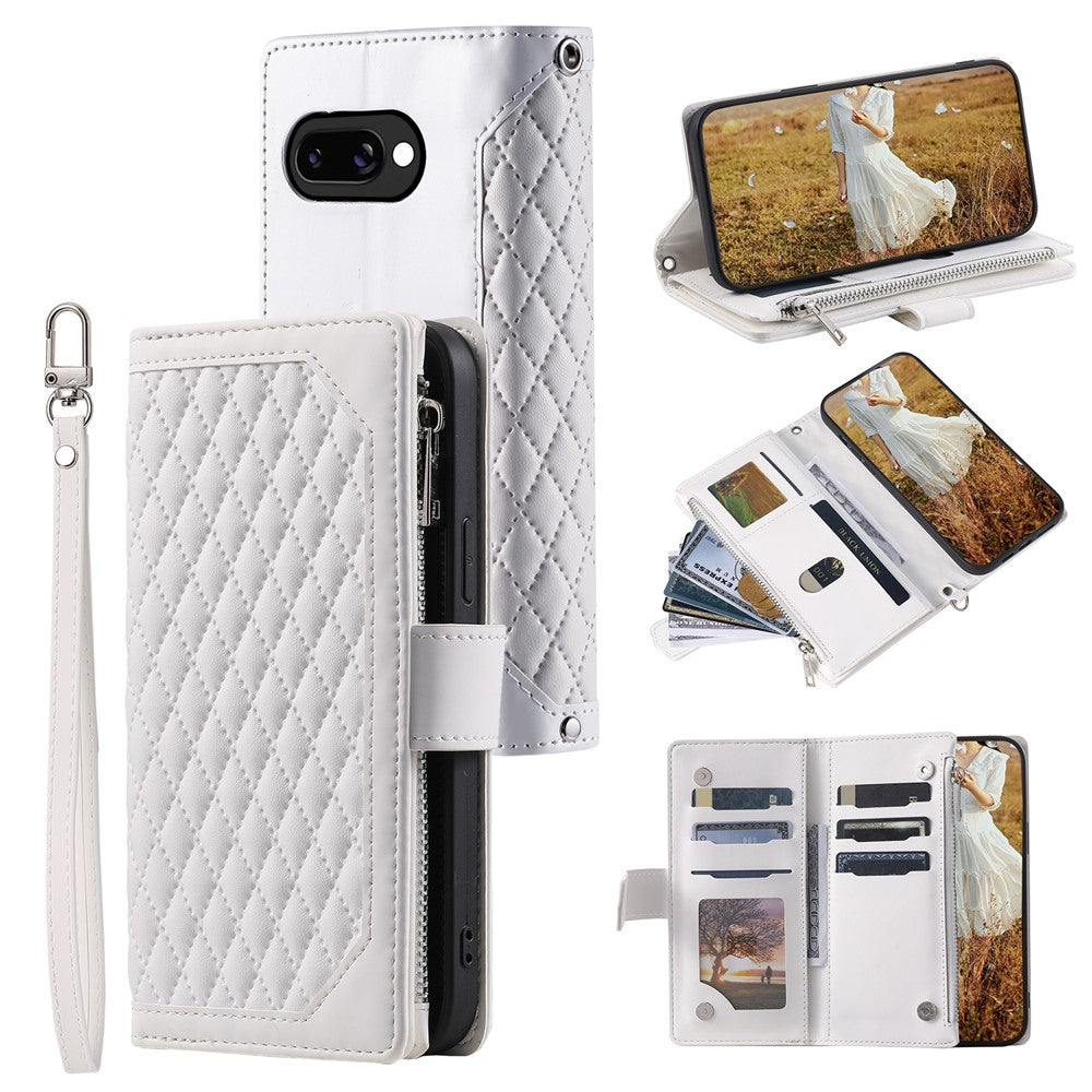 For Google Pixel 10a Wallet Case Rhombus Stitching Line PU Leather Phone Cover with Wrist Strap