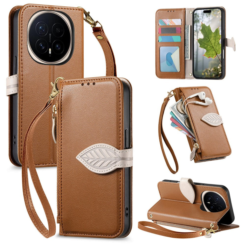 For Honor Magic8 Pro 5G Stand Case Leaf Shape Magnetic Clasp Leather Phone Cover with Hand Strap