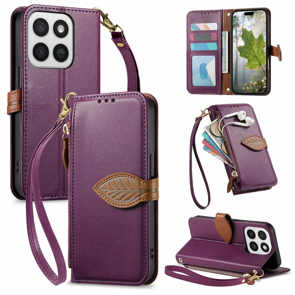 Stand Case for Honor 400 Smart 5G / 400 Smart 4G / X7d 4G / X7d 5G Leaf Shape Magnetic Clasp Leather Phone Cover with Hand Strap