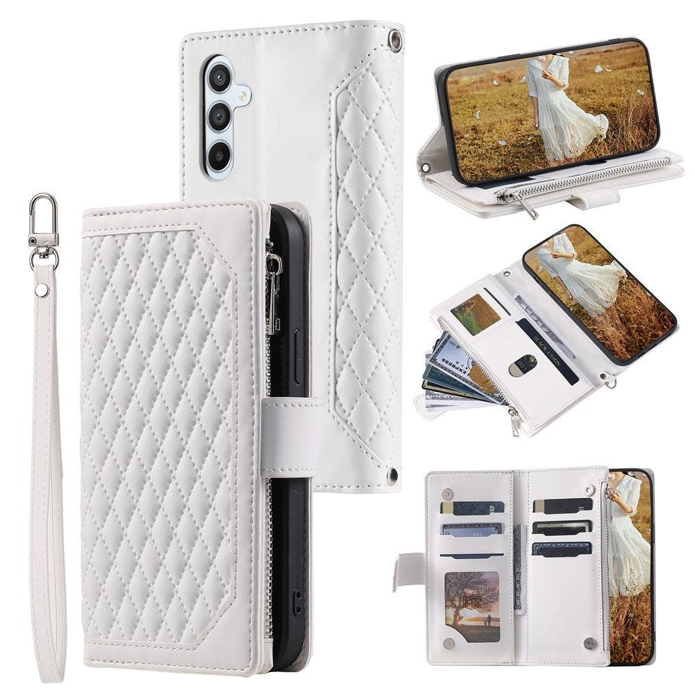 For Samsung Galaxy A27 5G Wallet Case Rhombus Stitching Line PU Leather Phone Cover with Wrist Strap