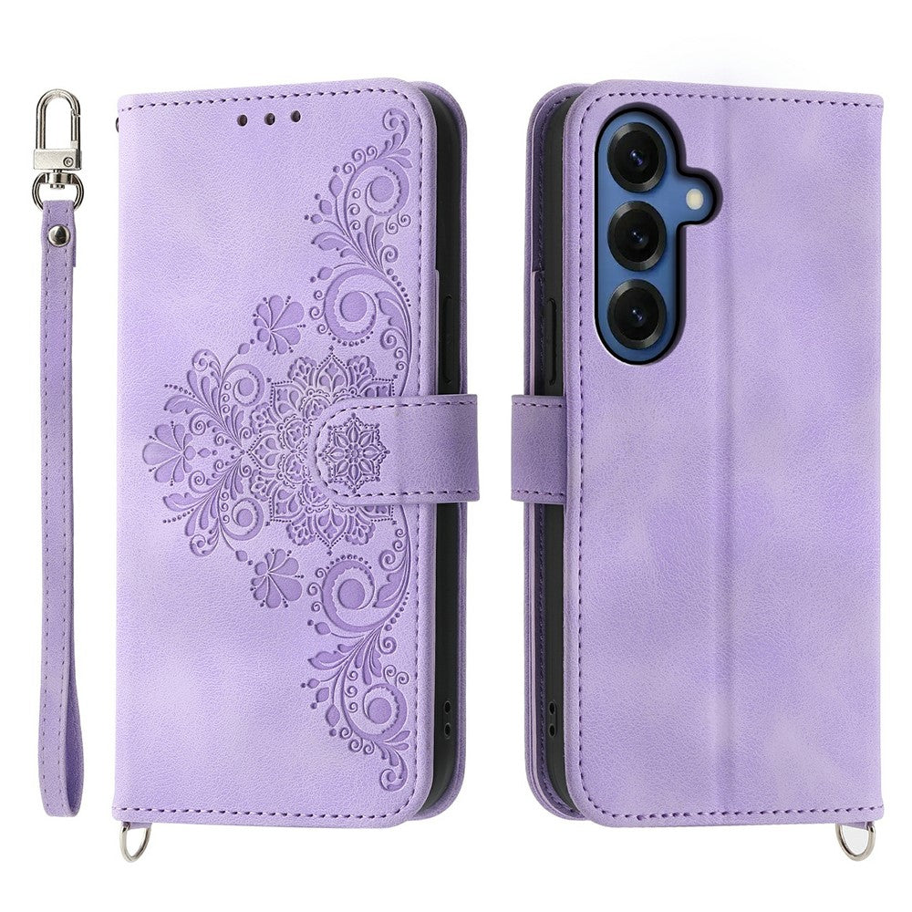 For Samsung Galaxy S26 Case Flower Pattern PU Leather Wallet Phone Cover with Strap