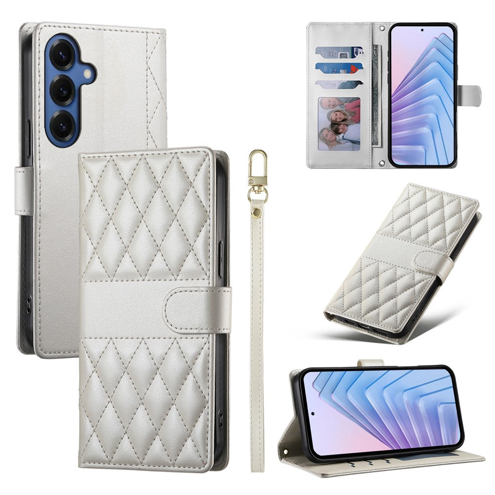 For Samsung Galaxy S26+ Wallet Case Rhombus Stitching Stand Leather Phone Cover with Long / Short Strap