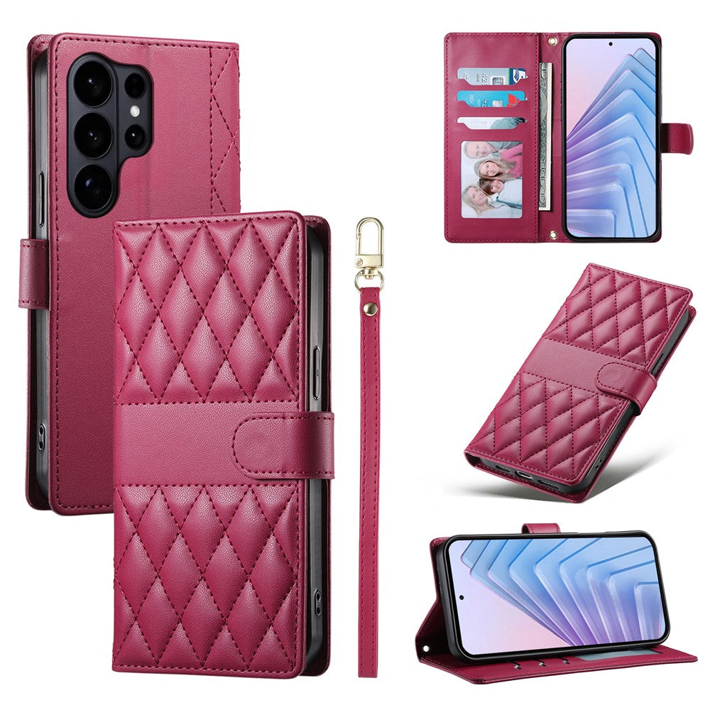 For Samsung Galaxy S26 Ultra Wallet Case Rhombus Stitching Stand Leather Phone Cover with Long / Short Strap