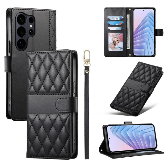 Galaxy S26 Ultra Handyhülle – Brieftaschen- mit Rautennähten, Ständer, Leder- mit langem/kurzem Riemen