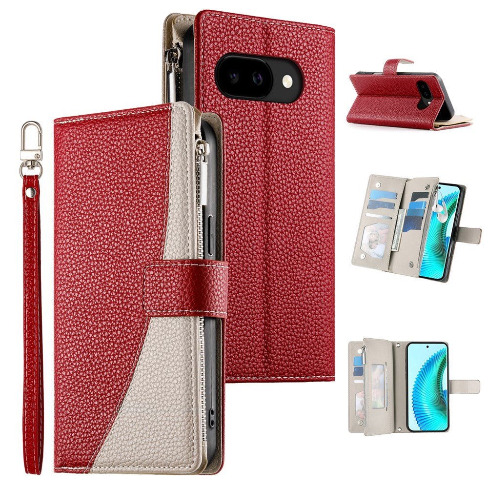 For Google Pixel 10a Case Zipper Wallet Color Splicing Leather Flip Phone Cover with Straps