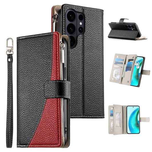 Galaxy S26 Ultra Handyhülle – Fall Reißverschluss Brieftasche Farbe Spleißen Leder Flip mit Riemen