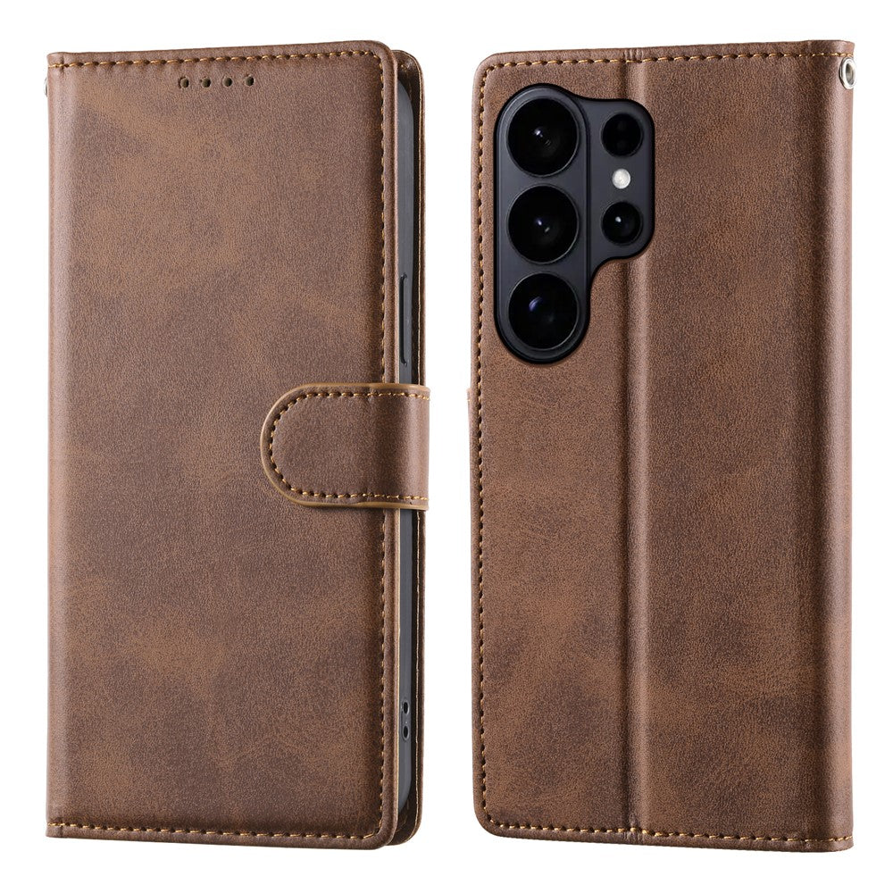 For Samsung Galaxy S26 Ultra Case Stand Wallet Calf Texture PU Leather Flip Phone Cover with Wrist Strap