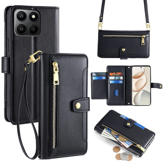 For Honor 400 Smart 5G / X7d 4G Leather Case Zipper Pocket Wallet Phone Cover with 2 Straps