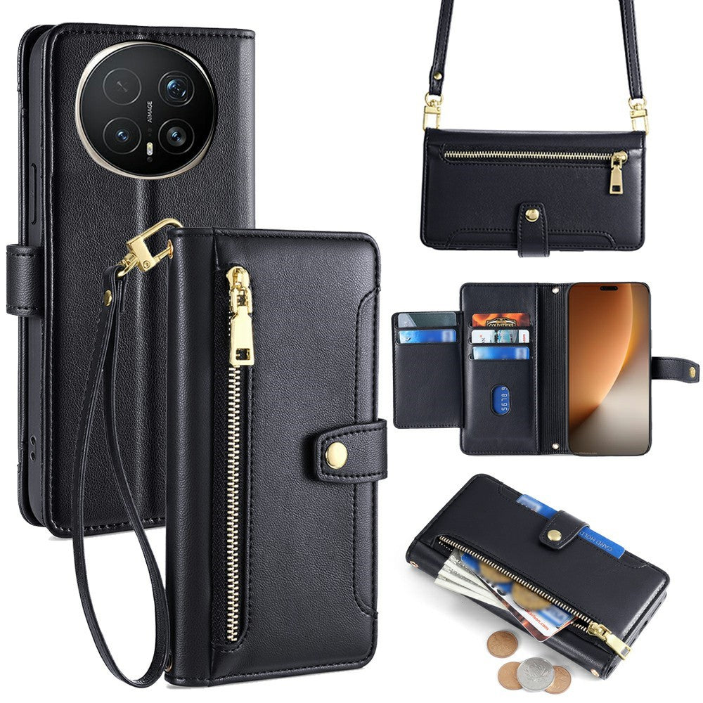 For Honor Magic8 Pro 5G Leather Case Zipper Pocket Wallet Phone Cover with 2 Straps