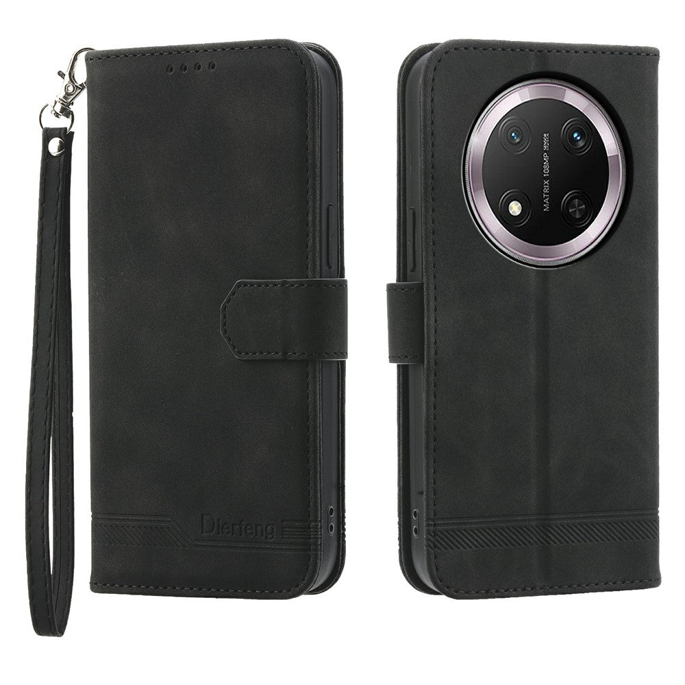 DIERFENG DF-03 Leather Case For Honor Magic8 Lite 5G / X70 5G / X9d 5G Lines Imprint Wallet Phone Cover with Wrist Strap