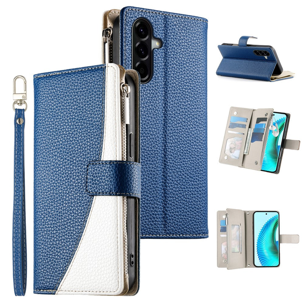 For Samsung Galaxy A57 5G Case Zipper Wallet Color Splicing Leather Flip Phone Cover with Straps