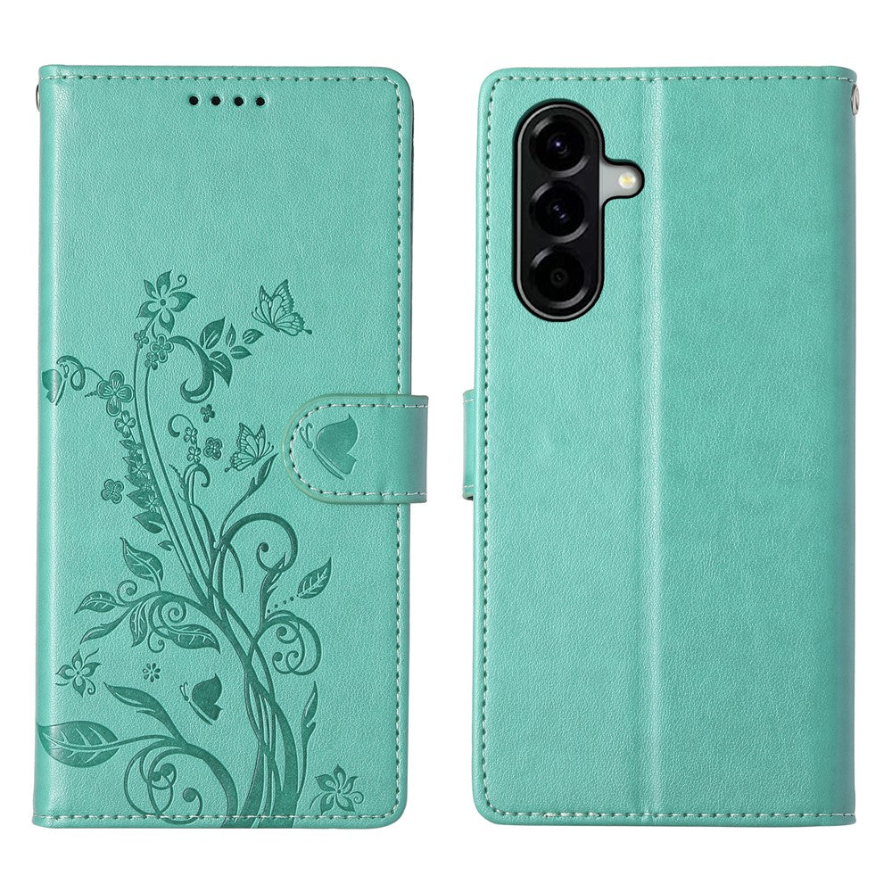 For Samsung Galaxy A57 5G Wallet Case Butterfly Floral Imprint PU Leather Phone Cover with Wrist Strap