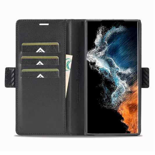 Galaxy S26 Ultra Handyhülle – LC.IMEEKE Brieftaschenetui aus Kohlefaser-Textur-Leder