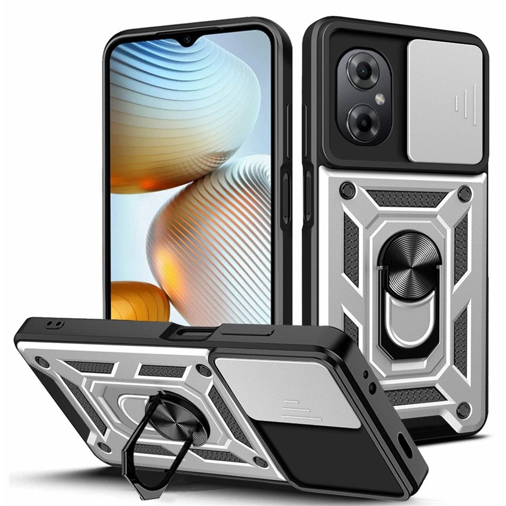Anti-drop Phone Case for Xiaomi Poco M4 5G, Ring Kickstand PC + TPU Protective Back Cover with Slide Camera Protector
