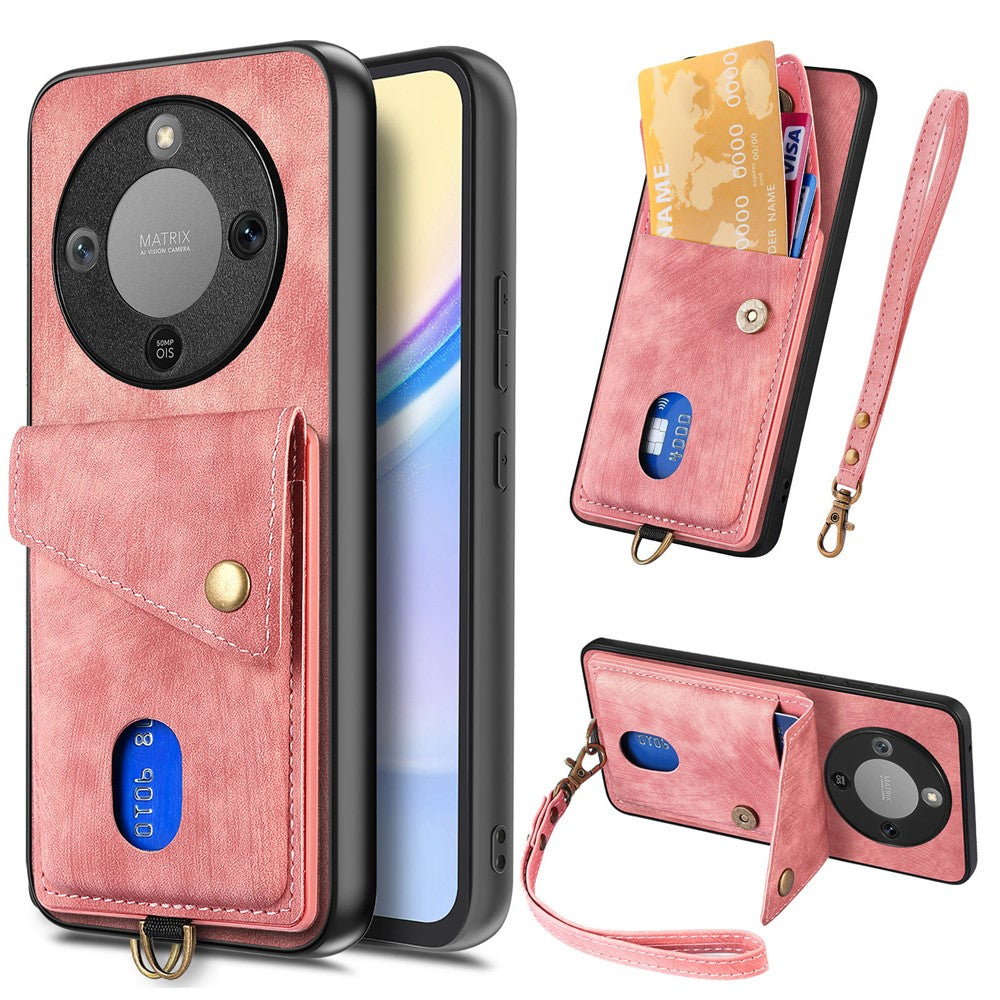 Phone Case For Honor Magic8 Lite 5G / X9d 5G / X70 5G Card Holder Kickstand Leather Back Cover with Wrist Strap